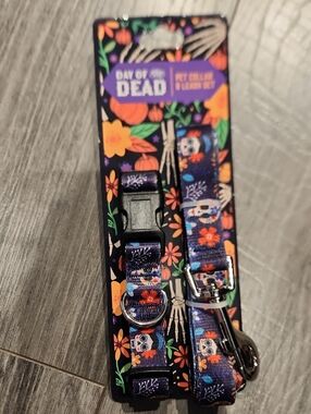 NWT Day of the Dead Floral Pet Collar & Leash Set - Navy Purple Orange SZ M